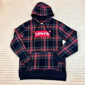 Levis Mens Plaid Hoodie Red Blue Black Batwing Logo Fleece Pullover Sweatshirt M
